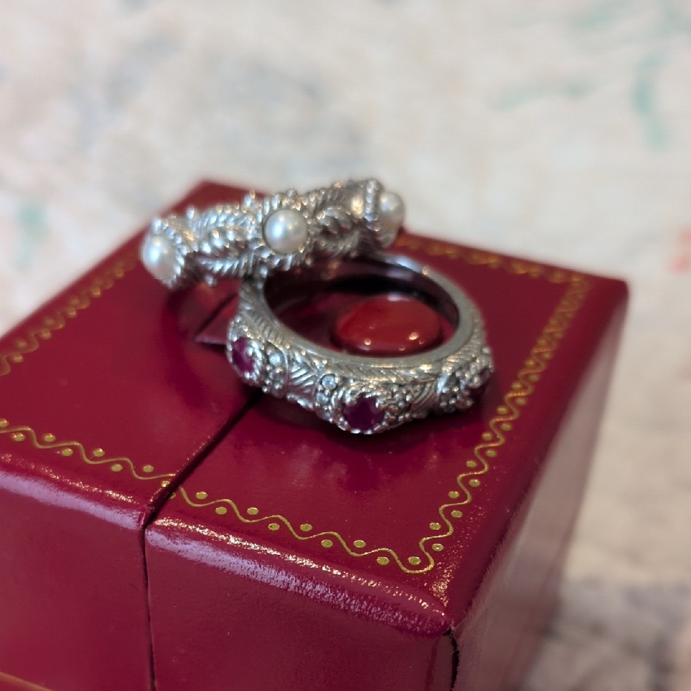 Judith Ripka Silver Ring with Pearl and Red Accents
